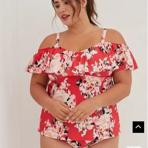 Floral Off-Shoulder Sleepwear Set - Red